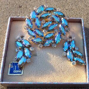 B. David Earrings & Brooch Set Aurora Borealis + Original Box